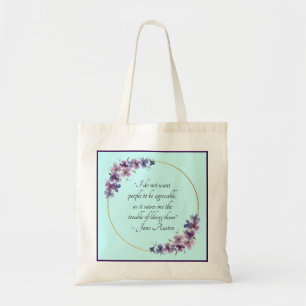 Jane-Austen-Zitat mit violettem floralen Goldrahme Tragetasche