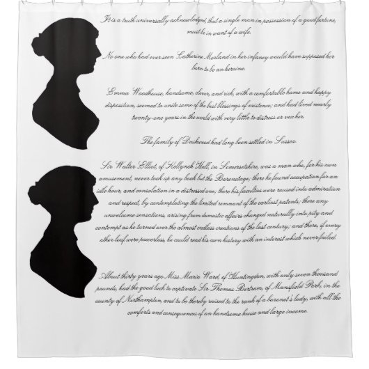 Jane Austens Silhouette & erste Romanzeilen Duschvorhang (Vorderseite)