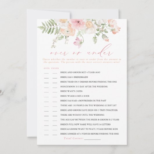 JANE Blush Bloral Over oder Under Bridal Game Card Einladung (Vorderseite)