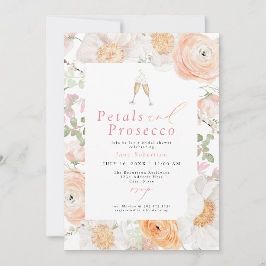 JANE Blush Floral Petals & Prosecco Brautparty Einladung (Vorderseite)
