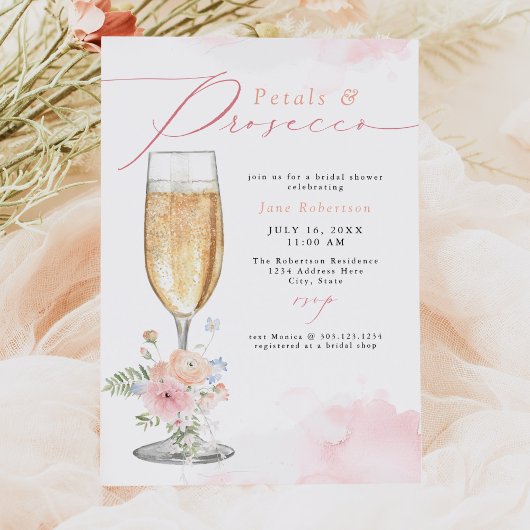 JANE Blush Floral Petals & Prosecco Brautparty Einladung