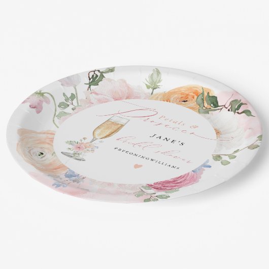 JANE Blush Floral Petals & Prosecco Brautparty Pappteller (Schrägansicht)