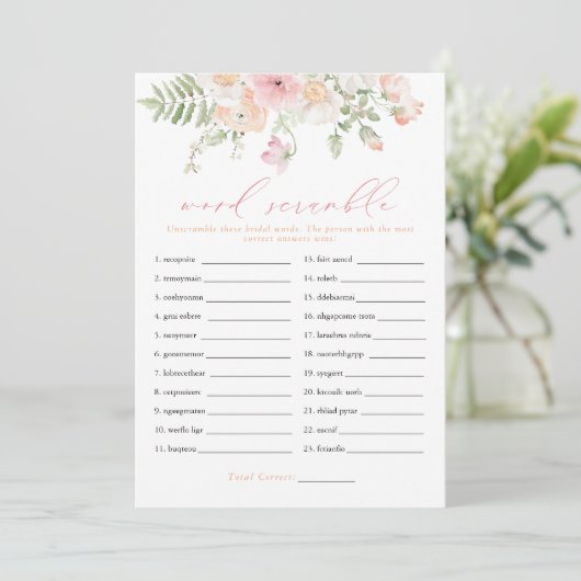 JANE Blush Pink Floral Bridal Word Scramble Game Einladung (Stehend Vorderseite)