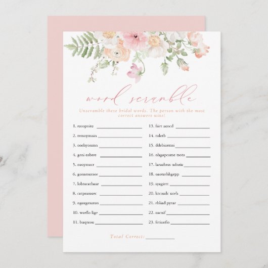 JANE Blush Pink Floral Bridal Word Scramble Game Einladung (Vorne/Hinten)