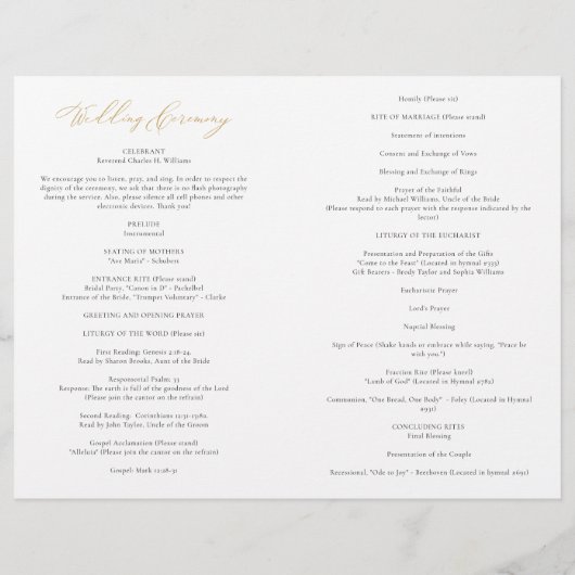Jane Gold Full Mass Katholic Wedding Program (Rückseite)