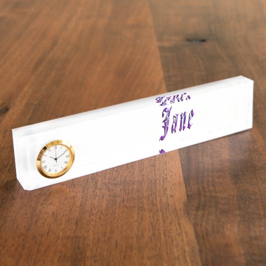 Jane, Name, Logo, Schreibtischname Plate mit Uhr. Namensplakette (Seite)