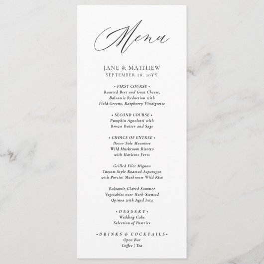 Jane Simple Modern Elegant Black Script Wedding Menükarte (Vorderseite)