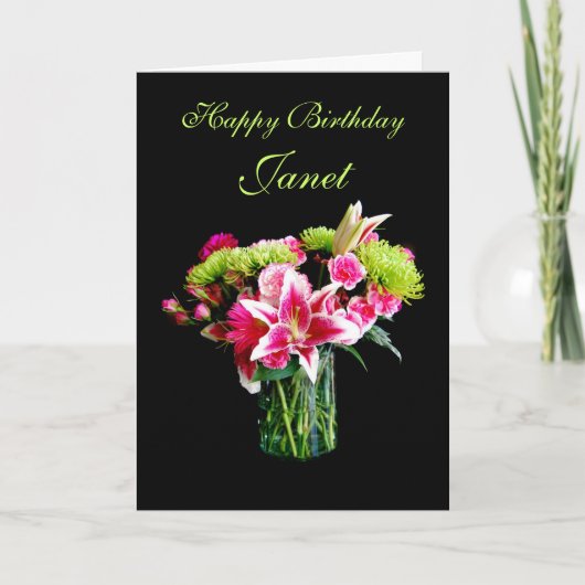 Janet Happy Birthday, Stargazer Lily Bouquet Karte (Vorderseite)