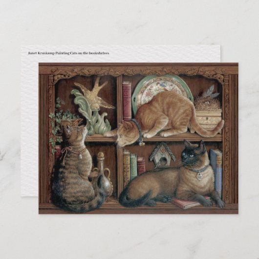 Janet Kruskamp Katzen auf der Bücherregale Postkre Postkarte (Vorne/Hinten)