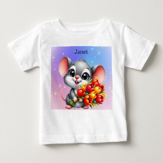 Janet's Cute Mouse with Tulips Baby T-Shirt (Vorderseite)