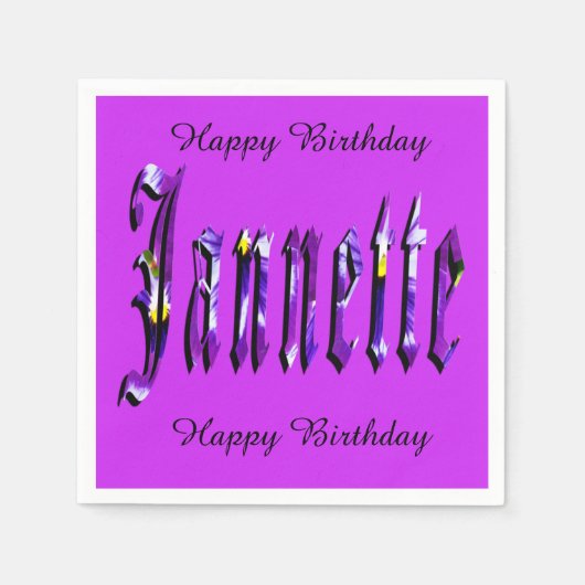 Janette, Name, Logo, Lila Papier Geburtstag Napkin Serviette (Vorderseite)
