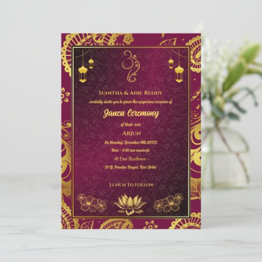 Janeu Poite Upanayanam Hindu Holy Thread Zeremonie Einladung (Stehend Vorderseite)