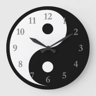 Jang-Symbol Weiß/Schwarz mit grauen Zahlen Große Wanduhr