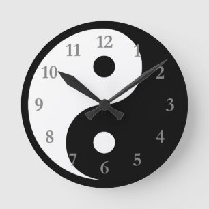Jang-Symbol Weiß/Schwarz mit grauen Zahlen Runde Wanduhr