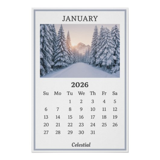 Januar 2026 Snowy Mountain Calendar Page Poster (Vorderseite)