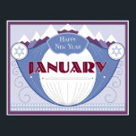Januar Art Deco Winter Szene mit Snowy Mountains Poster<br><div class="desc">Diese Bilder,  die aus unserem beliebten Art-Deco-Kalender adaptiert wurden,  zeigen jeden Monat des Jahres so,  als wäre es ein Vintages Seifenlabel. Der Januar bringt Winterzeit mit Bergen und Schnee zusammen.</div>