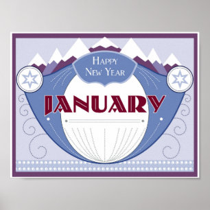 Januar Art Deco Winter Szene mit Snowy Mountains Poster