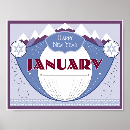 Januar Art Deco Winter Szene mit Snowy Mountains Poster (Vorne)