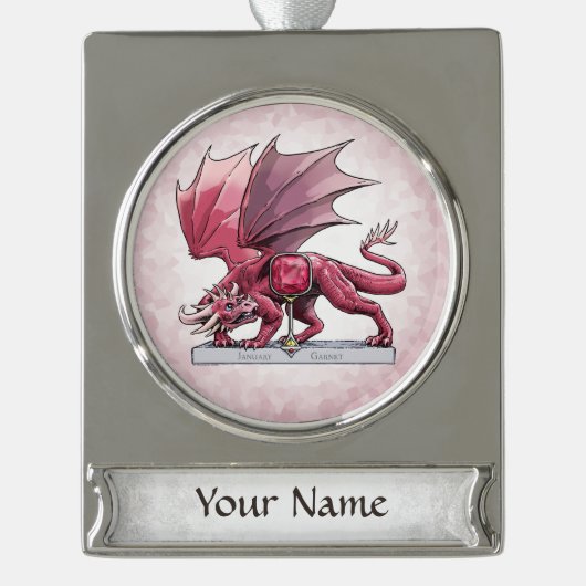 Januar Birthstone Dragon - Garnet Banner-Ornament Silber (Vorderseite)