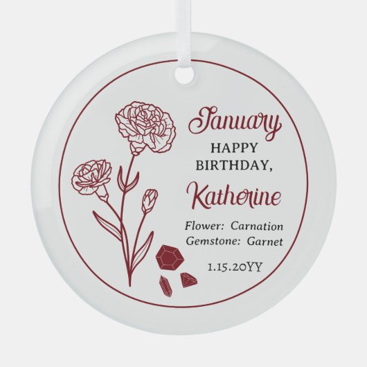 Januar Carnation Floral Birthday Keepake Ornament Aus Glas (Vorderseite)