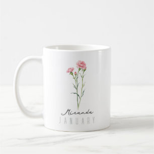 Januar-Geburtsmonatsblume mit Namen – Nelke Kaffeetasse
