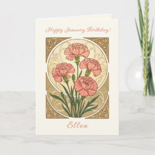 Januar Geburtstag Rosa Nelken Blumen Art Nouveau Karte