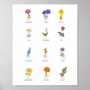 Januar-Nelken-Geburtsblumen-Wasserfarben-Wandkunst Poster
