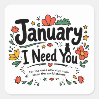 Januar Niedliche Handgezeichnete Typografie Floral Quadratischer Aufkleber
