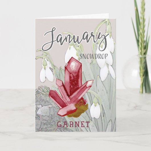 Januar Snowdrops und Garnet Geburtstag Karte (Vorderseite)