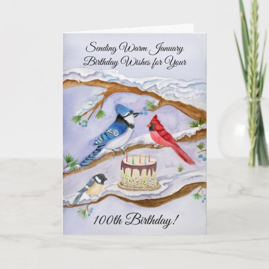January 100th Birthday Backyard Birds Watercolor Karte (Vorderseite)