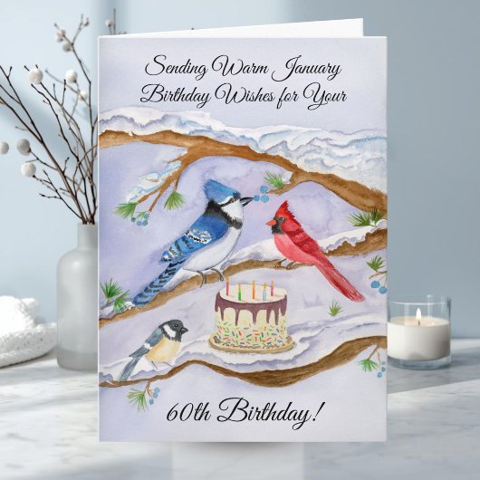 January 60th Birthday Backyard Birds Watercolor Karte