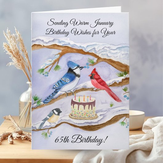 January 65th Birthday Backyard Birds Watercolor Karte