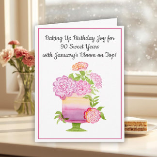 January 90th Birthday Cake Purple Carnations Karte