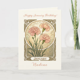 January Birth Flower Pink Carnations Art Nouveau S Karte