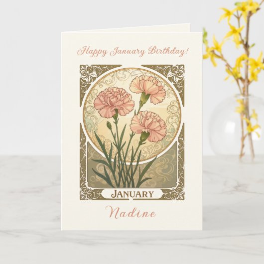 January Birth Flower Pink Carnations Art Nouveau S Karte (Gelbe Blume)