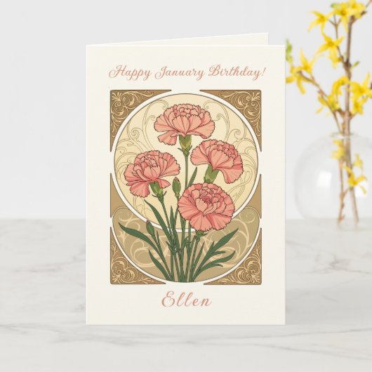 January Birthday Pink Carnation Flowers Art Nouvea Karte (Gelbe Blume)