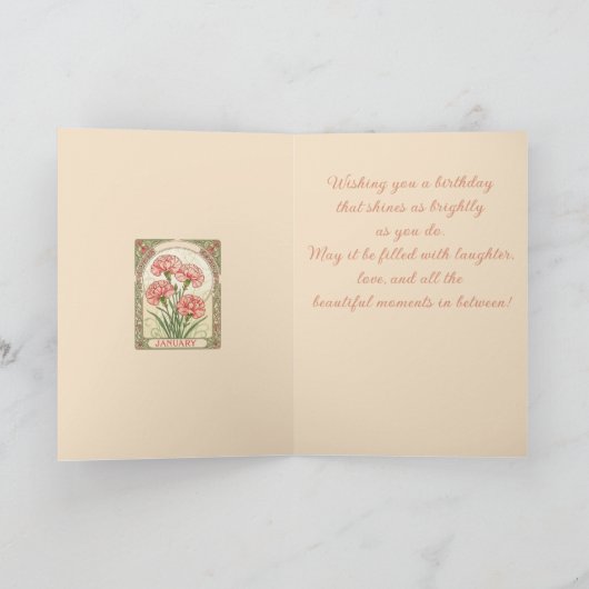 January Birthday Pink Dianthus Art Nouveau Style Karte (Innenseite)