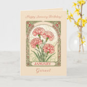 January Birthday Pink Dianthus Art Nouveau Style Karte (Gelbe Blume)