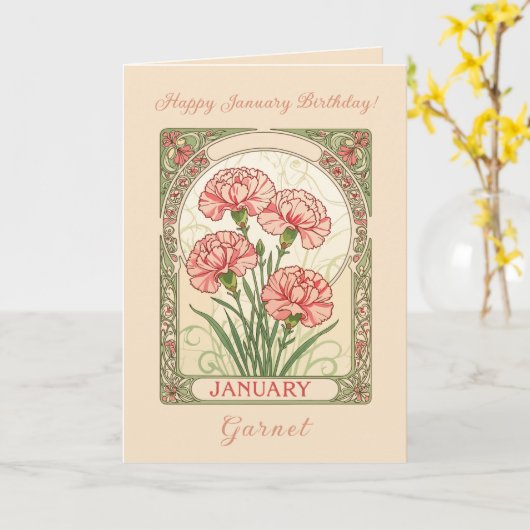 January Birthday Pink Dianthus Art Nouveau Style Karte (Gelbe Blume)