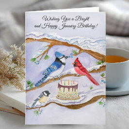 January Birthday with Backyard Birds and Cake Karte