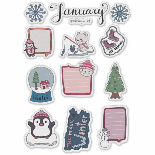 January Sticker Sheet – Cozy Bears & Winter Magic (Vorderseite)
