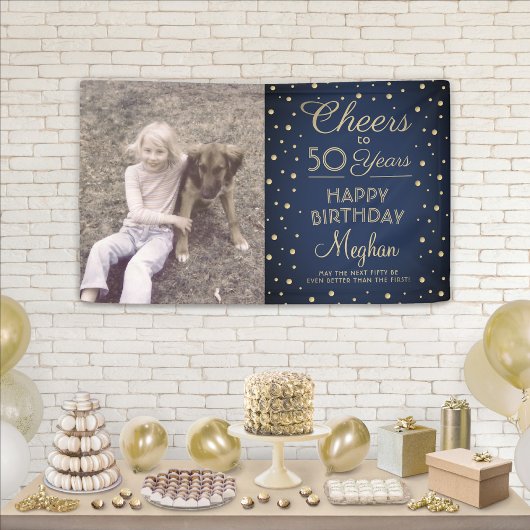 JANY Birthday Cheers Navy Blue Gold Confetti Foto Banner