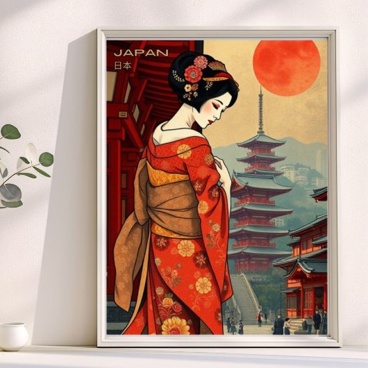 Japan 日 本 geisha pagoda Vintag Retro Poster