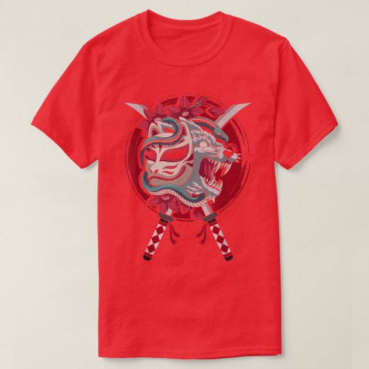 Japan Anime Mask Kitsune Style Samurai Oni Monster T-Shirt (Design vorne)