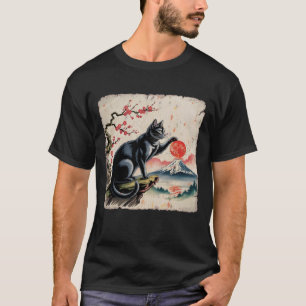 Japan Art japanisches Thema Print Black Cat Play w T-Shirt