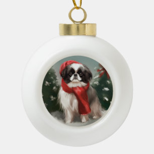 Japan-Chin-Hund im Schnee Weihnachten  Keramik Kugel-Ornament