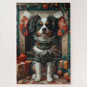 Japan-Chin-Hund mit Weihnachtsgeschenken am Kamin Puzzle