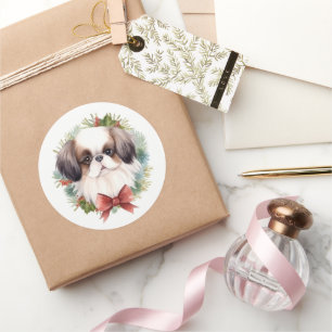 Japan-Chin-Weihnachtsgirlande Festlicher Hund Runder Aufkleber