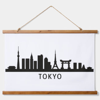 Japan Cityscape Travel | Tokyo Skyline Silhouette Wandteppich Mit Holzrahmen