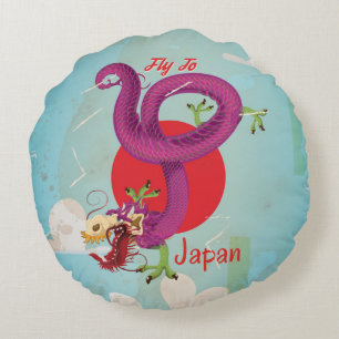 Japan Dragon Vintage Travel Poster Rundes Kissen